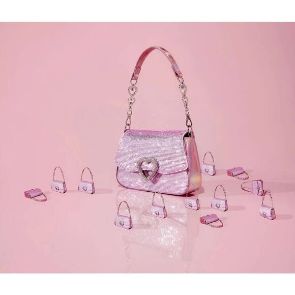 NEW~Aldo Barbie Pink Glitter Rhinestone Heart Accent Handbag Purse - Picture 10 of 11